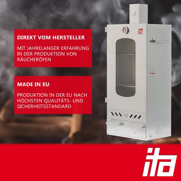 Räucherofen aus verzinktem Stahl mit Sichtfenster, Thermometer und Belüftungsschlitzen. Hergestellt in der Europäischen Union. ITA Logo.