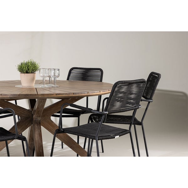 Gartensitzgruppe mit rundem Holztisch und schwarzen Stühlen