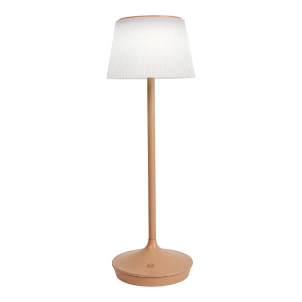 Solar-Akkutischleuchte EMMI  38 cm hoch, Schirm Ø 13 cm, Metall in Almond und weißer Kunststoff, für den Außenbereich, dimmbar CCT.