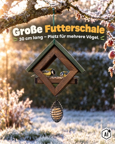 Holz Vogelfutterhaus zum Aufhängen mit Meisenknödelhalter, 30 Zentimeter lang für mehrere Vögel im Garten.