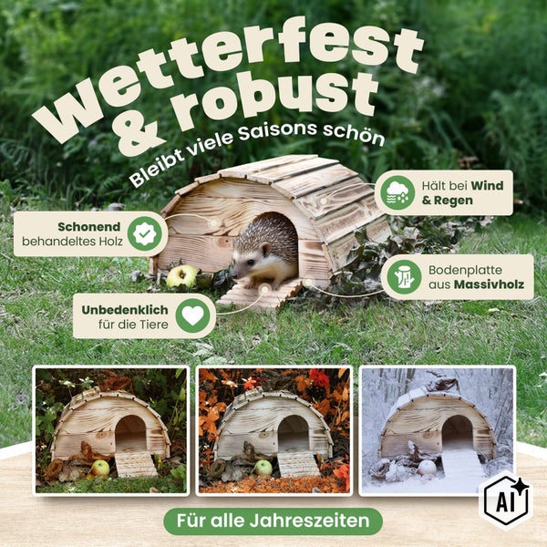 Wetterfestes Igelhaus aus Massivholz, sicher für Tiere, mit Bodenplatte, geeignet für alle Jahreszeiten, wetterbeständig gegen Wind und Regen.