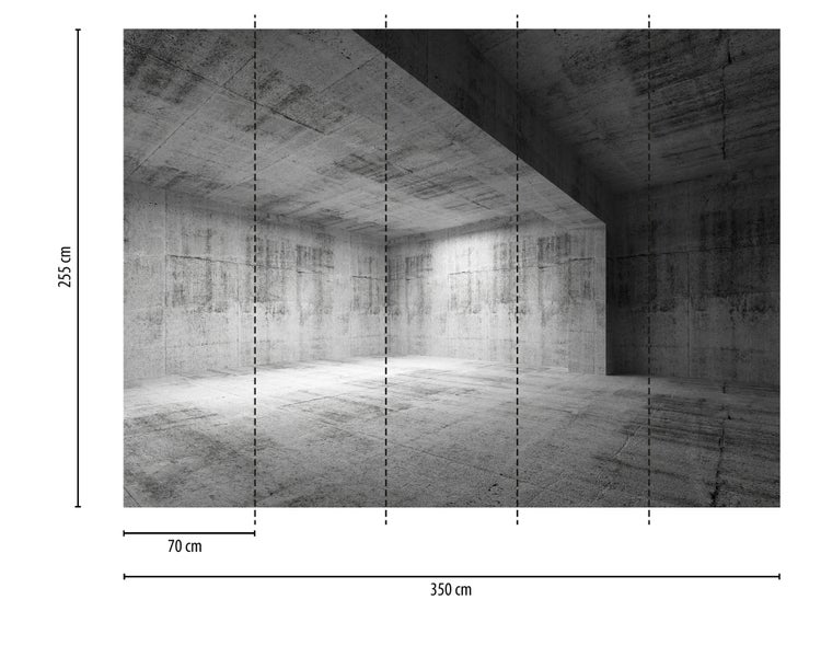 Fototapete mit Betonoptik eines leeren Raums, Maße 255 mal 350 Zentimeter, unterteilt in 70 Zentimeter breite Bahnen.