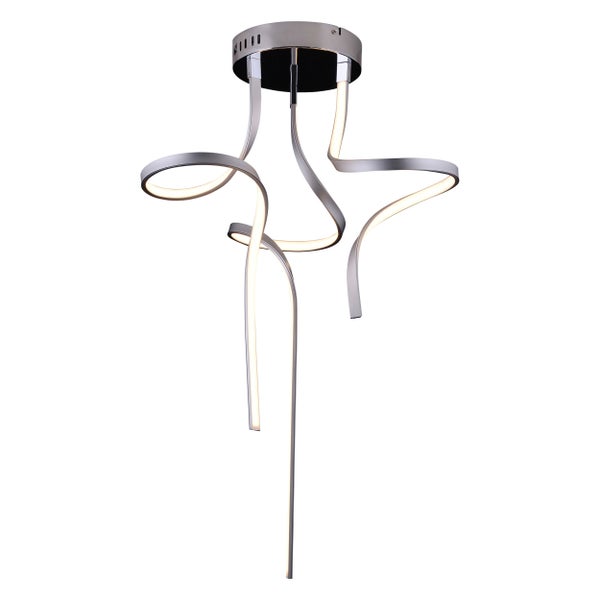 Moderne Deckenleuchte mit geschwungenen, silberfarbenen Elementen und integrierten LEDs.