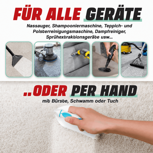 Anwendungshinweise für Reinigungsmittel für Nasssauger, Teppichreinigungsmaschinen, Dampfreiniger oder manuelle Reinigung mit Bürste und Tuch.