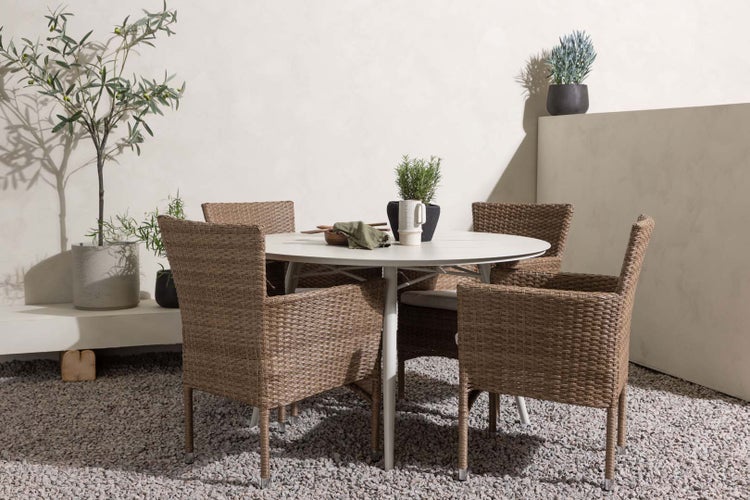 Lina Gartenset Tisch Ø120cm beige, 4 Stühle Malina natur. 120 X 120 X 74 cm