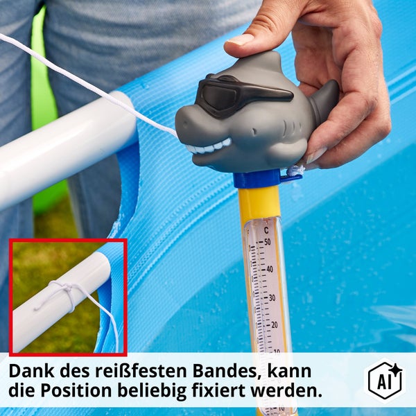 Schwimmbadthermometer in Haifischform mit Befestigungsband zur Fixierung am Beckenrand für Poolwassertemperaturmessungen.