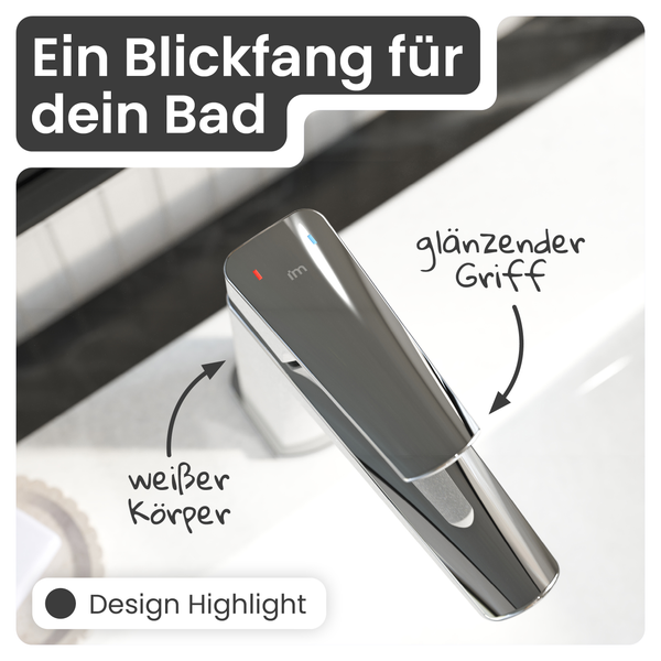 Badezimmerarmatur mit glänzendem Griff und weissem Körper