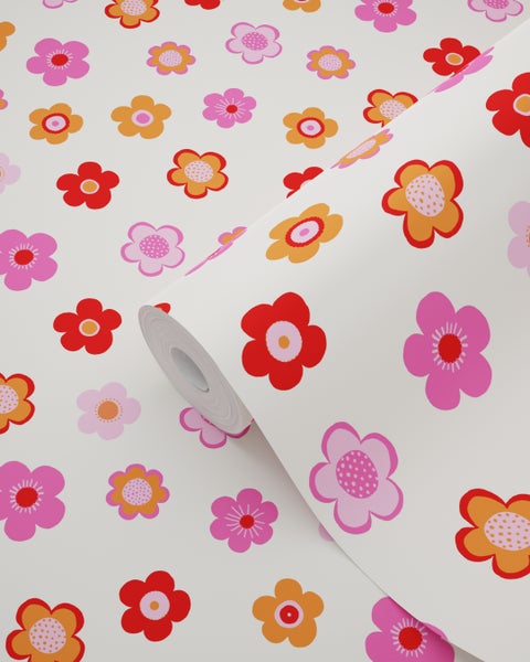 ESTAhome Tapete Blumenmuster Rosa, Korallenrot und Orange - 53 cm x 10.05 m - 138725