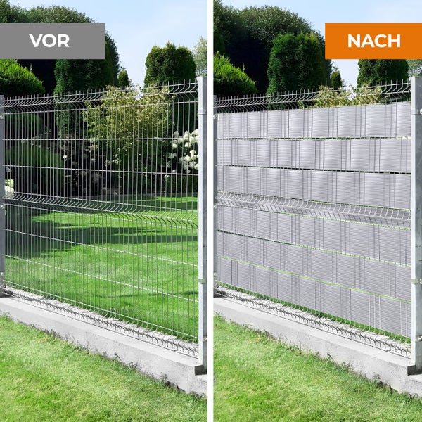 Vergleich eines Drahtzauns mit und ohne Sichtschutzstreifen