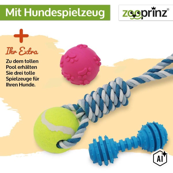 Set mit drei Hundespielzeugen bestehend aus einem Ball mit Pfotenmuster, einem Zerrseil mit Tennisball und einem strukturierten Hundespielzeug.