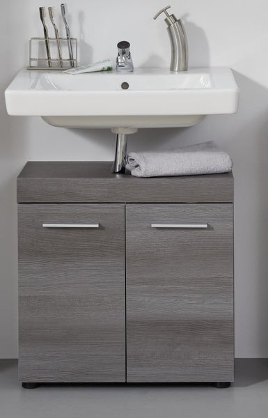 Waschbeckenunterschrank mit Waschbecken, Armatur, Handtuch, Seifenspender, Zahnbürsten und Zahnpasta