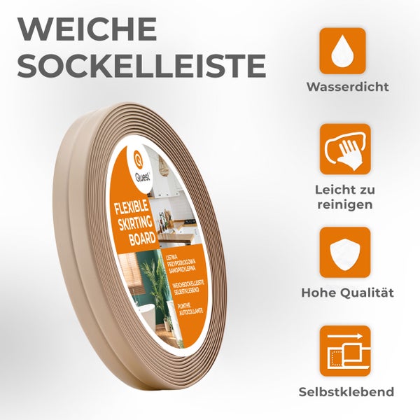 Eine Rolle selbstklebende, wasserdichte und leicht zu reinigende weiche Sockelleiste von Quest zur einfachen Wandmontage.