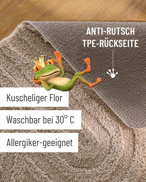 Badematte mit kuscheligem Flor, rutschfester TPE-Rückseite, waschbar bei 30 Grad Celsius und für Allergiker geeignet.