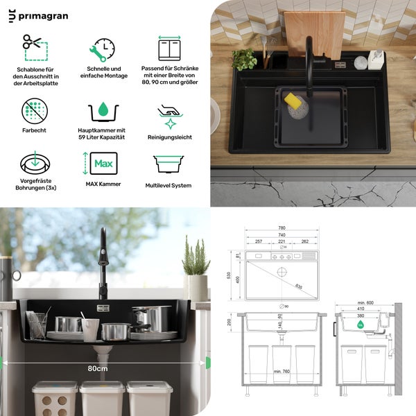Spüle mit Zubehör und schematische Darstellung der Abmessungen