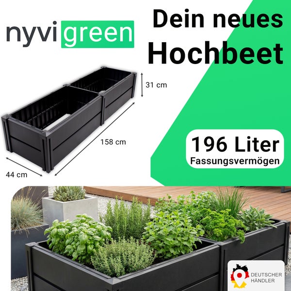 Nyvi Green Hochbeet aus Kunststoff mit 196 Liter Volumen und Maßen von 158 mal 44 mal 31 Zentimeter zur Bepflanzung von Garten oder Terrasse.