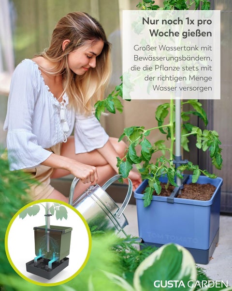 Frau gießt Tomatenpflanze im Hochbeet mit Bewässerungssystem