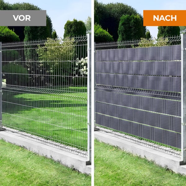 Vorher-Nachher-Ansicht eines Doppelstabmattenzauns mit und ohne Sichtschutzstreifen