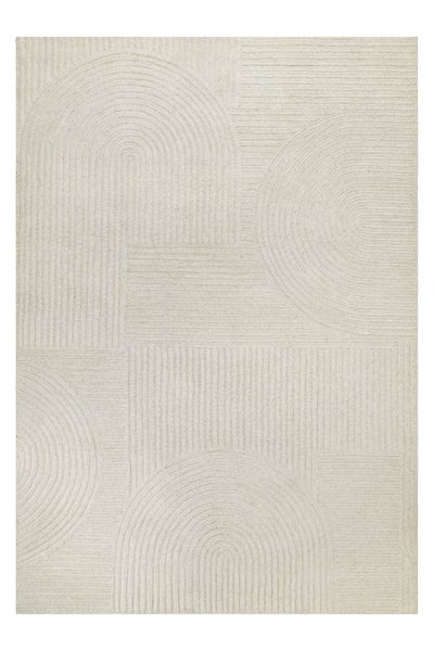 Rechteckiger Teppich in Beige mit geometrischem Muster aus Bögen und Linien in Hoch-Tief-Struktur.