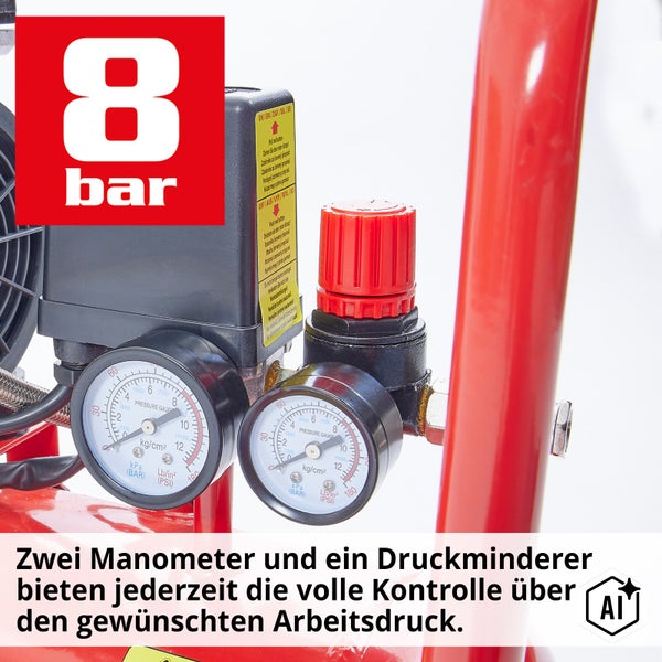 Druckminderer und zwei Manometer an einem Kompressor für eine präzise Kontrolle des Arbeitsdrucks mit einer maximalen Leistung von 8 Bar.