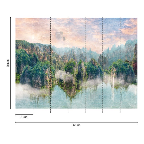 Fototapete mit Gebirgslandschaft und schwebenden Felsen, Breite 371 Zentimeter, Höhe 280 Zentimeter, 7 Bahnen zu je 53 Zentimeter.