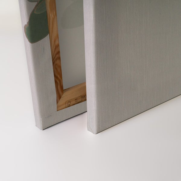 Detailansicht der Rückseite eines Wandbildes auf Leinwand mit Holzrahmen