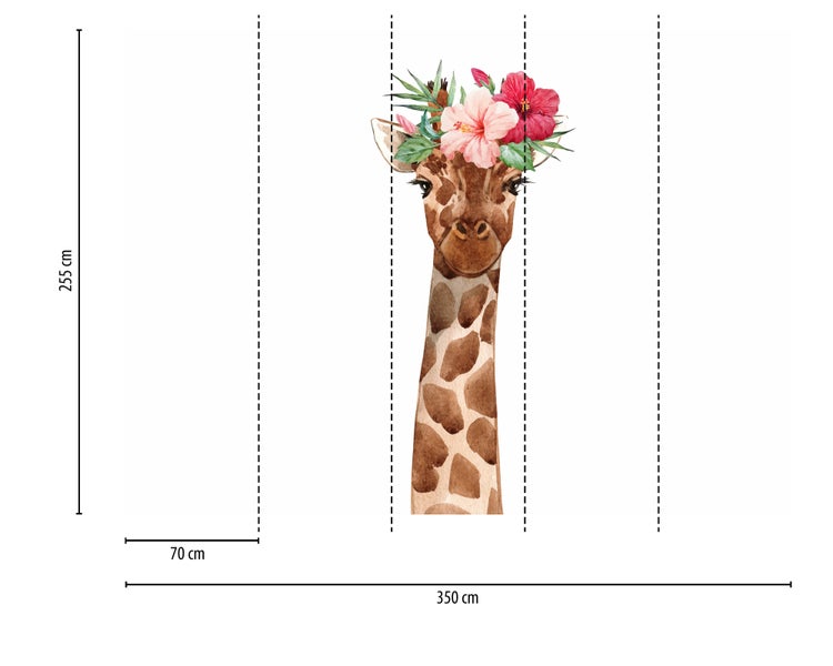 Fototapete mit Giraffe und Blumenkranz im Aquarell-Stil, 350 mal 255 Zentimeter, 5 Bahnen zu je 70 Zentimeter.