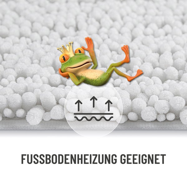 Flauschige Badematte aus 100 Prozent Baumwolle mit Frosch Maskottchen.