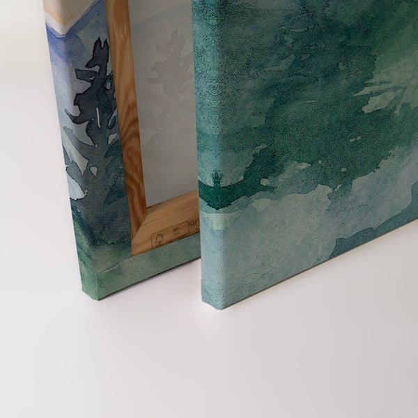 Leinwanddruck auf Holzrahmen mit abstrakter Aquarelloptik und Waldmotiv.