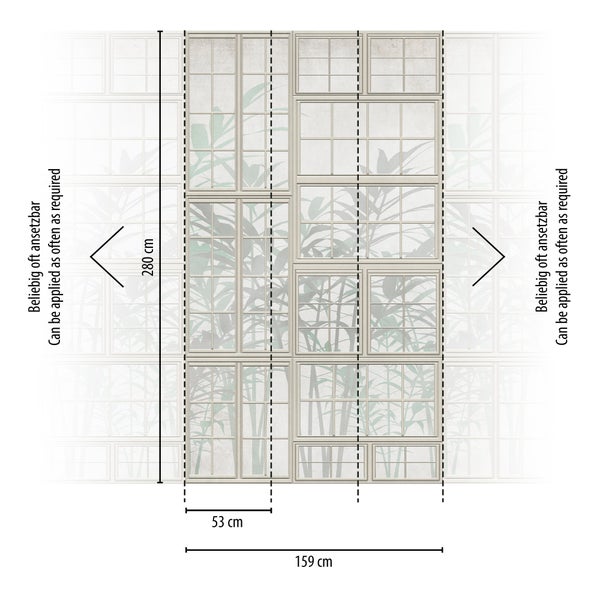 Fototapete mit Fenstermotiv und Pflanzen, Maße 280 Zentimeter Höhe, 159 Zentimeter Breite, 53 Zentimeter Bahnenbreite, beliebig oft ansetzbar.