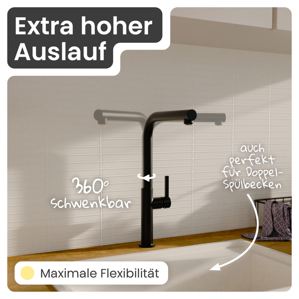 Küchenarmatur mit hohem Auslauf, 360 Grad schwenkbar, für Doppelspülbecken, maximale Flexibilität