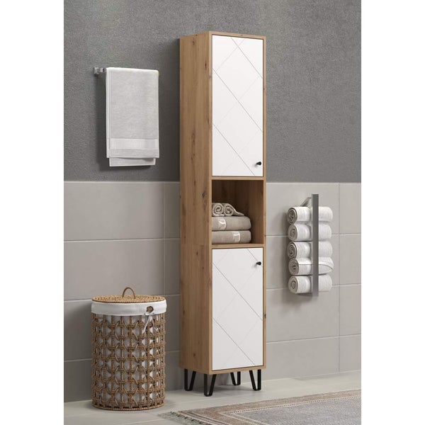 Touch Hochschrank Bad wandhängend Eiche dekor, weiß matt. 36 X 29 X 191 cm