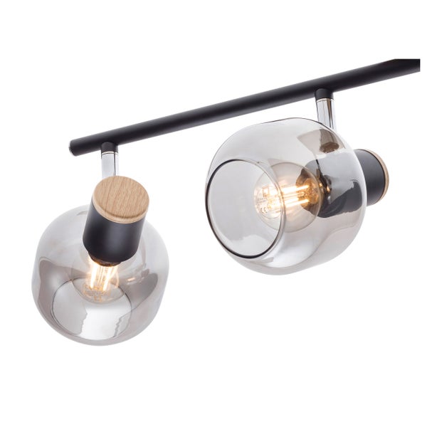 Deckenleuchte mit zwei Leuchtenarmen, transparentem Glas und Holzelementen