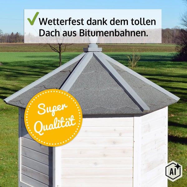 Wetterfestes Gartenhaus mit Dach aus Bitumenschindeln im Garten