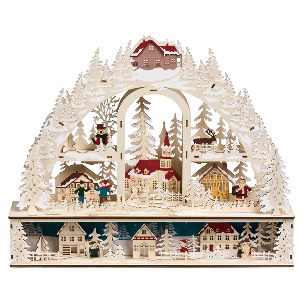 Weihnachtliche Lichterbogen-Dekoration aus Holz mit Winterdorf-Motiv