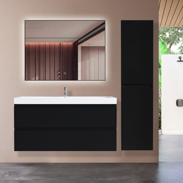 Modernes Badezimmermöbel Set mit Waschtischunterschrank, LED Spiegel und Hochschrank in einer eleganten Kombination.