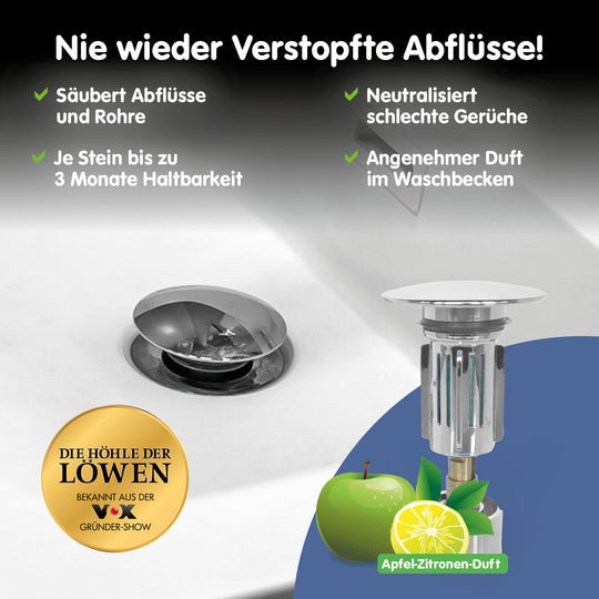 Abflussreiniger für Waschbecken mit Apfel-Zitronen-Duft, bekannt aus Die Höhle der Löwen.