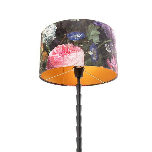 Tischlampe schwarz 35 cm Veloursschirm Blumenmuster - Pisos