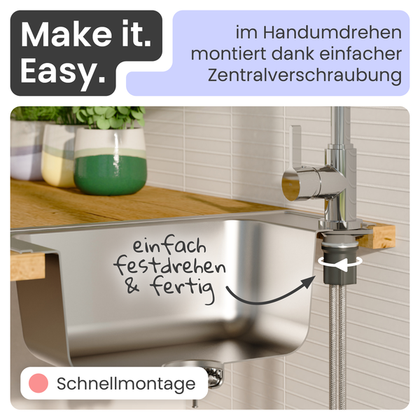 Spüle mit Armatur und einfacher Zentralverschraubung für schnelle Montage