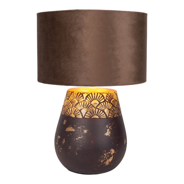 Tischleuchte mit braunem Lampenschirm und goldenen Verzierungen