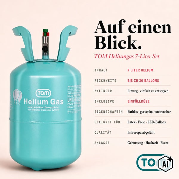 TOM Heliumgas Set mit 7 Liter Inhalt für bis zu 30 Ballons inklusive Einfülldüse für Einwegzylinder zur Verwendung bei Events.