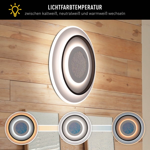 Verschiedene Lichtmodi einer LED-Deckenleuchte mit zuschaltbarem RGB-Frontlicht