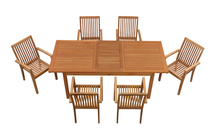 Teak Sitzgruppe 6 Stapelstühle 1 Teak Tisch ausziehbar 165 x 90 cm modern premium Set