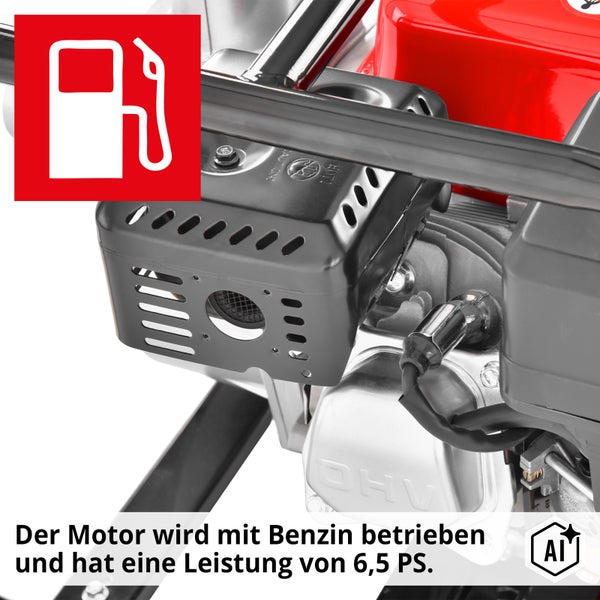 Benzinbetriebener Stromerzeuger Motor mit 6,5 PS Leistung in einer Detailaufnahme.
