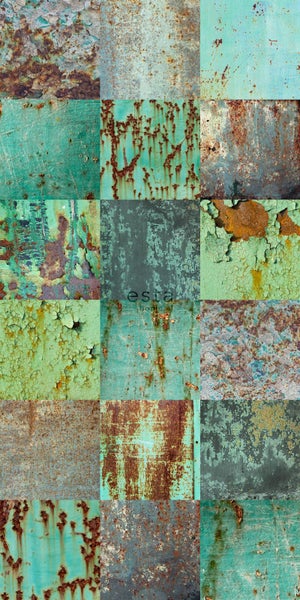 ESTAhome XXL-Vliestapete Patchwork rostige verwitterte Metallplatten Meeresgrün und Braun - 50 x 900 cm - 158203
