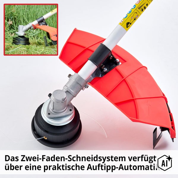 Fadenkopf für Rasentrimmer mit zwei Fäden und Auftipp-Automatik sowie Schutzhaube.