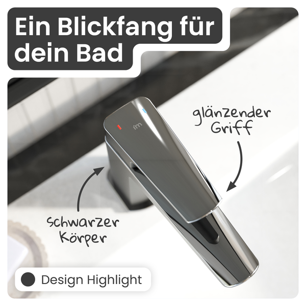 Waschtischarmatur mit schwarzem Körper und glänzendem Griff