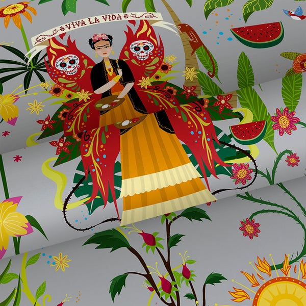 Walls4You Tapete tropische Blätter und Blüten Grau und Mehrfarbig - 53 cm x 10 m - 640126