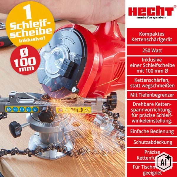 Hecht Kettenschärfgerät mit 250 Watt Leistung und einer 100 Millimeter Schleifscheibe für präzises Schärfen von Sägeketten.