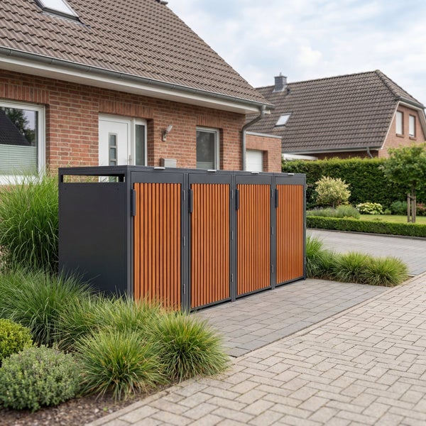 Moderne Mülltonnenbox für vier Tonnen aus anthrazitfarbenem Metall und Holzlamellen in einem gepflegten Vorgarten neben einer gepflasterten Einfahrt.