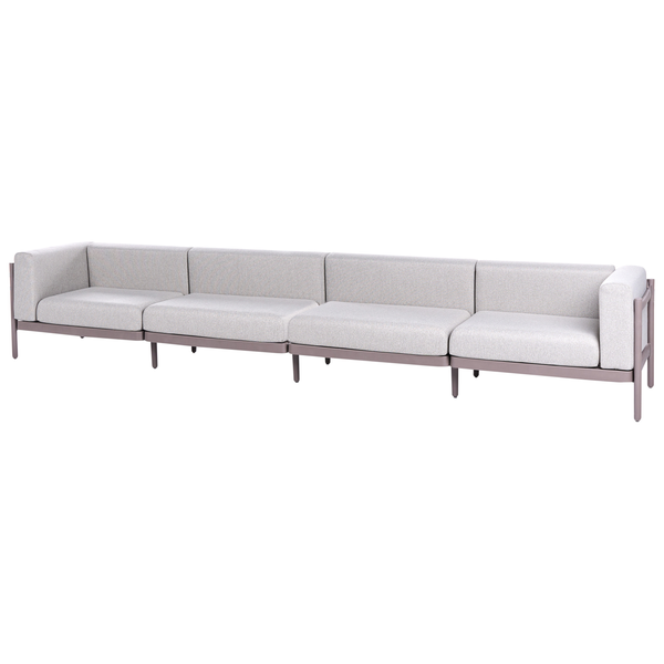 Modernes 4-Sitzer Modulsofa mit grauem Stoffbezug und taupefarbenem Metallgestell.